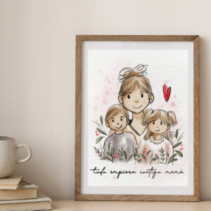 Retrato ilustrado personalizado para mamá con marco